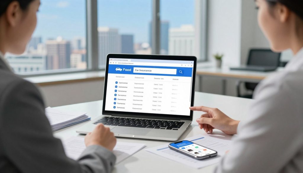A bright, modern office setting featuring a professional business person, dressed in smart attire, seated at a sleek desk with a laptop open, displaying a search engine with car insurance quotes. On the desk, a stack of papers highlights various insurance options and a smartphone showing a comparison app. In the background, a window reveals a city skyline under a clear blue sky, with soft natural lighting illuminating the scene. The atmosphere is dynamic and focused, conveying a sense of efficiency and urgency, perfect for conveying the ease of comparing insurance quotes online. The composition should emphasize clarity and professionalism, with a shallow depth of field to keep the focus on the subject and the laptop.