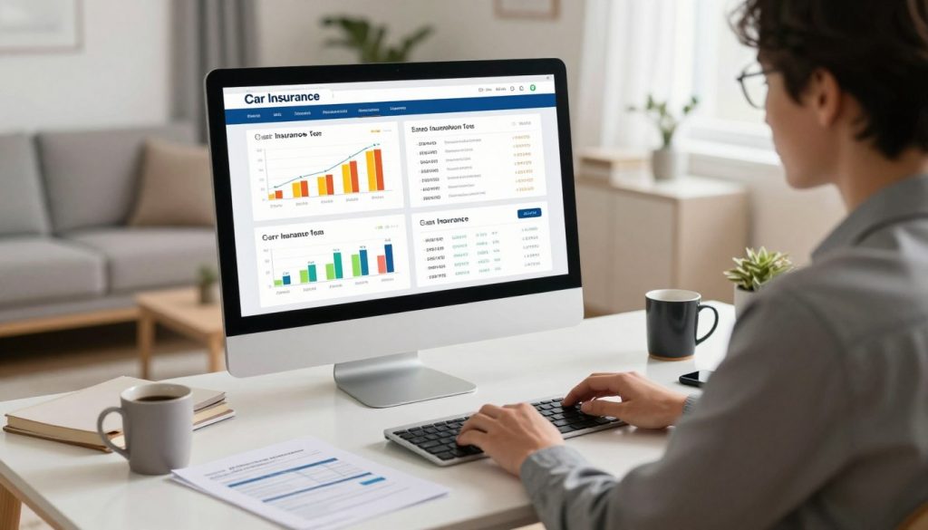 A modern home office scene focused on a computer screen displaying various car insurance comparison quotes. In the foreground, a young adult in professional business attire is seated at a sleek desk, intently reviewing the screen. The middle ground features a large monitor showcasing multiple side-by-side insurance quotes with vibrant graphs and easy-to-read formats. Surrounding the workspace are neatly arranged financial documents, a coffee mug, and a smartphone. The background reveals a light-filled room with stylish decor, providing a warm and inviting atmosphere. Soft, natural lighting illuminates the scene, creating a focused and productive mood. The image should reflect the ease and efficiency of comparing car insurance online, devoid of any text overlays or distractions.
