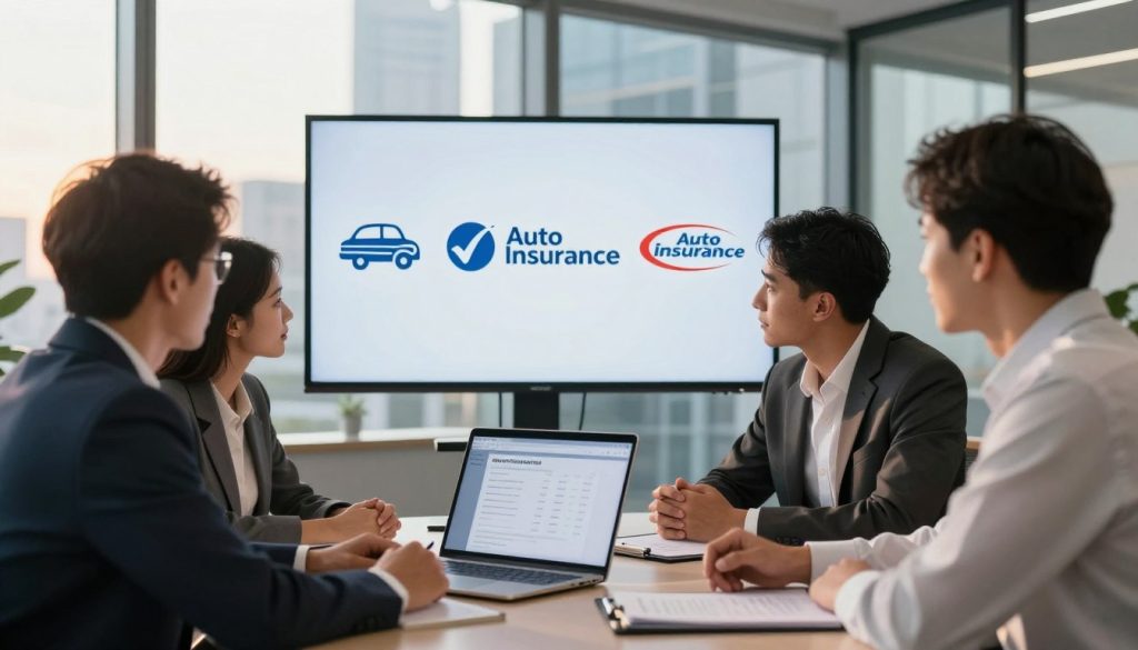 A professional, modern office environment showcasing the top auto insurance companies. In the foreground, a diverse group of three professionals—two men and one woman—dressed in smart business attire, engage in discussion over a laptop displaying auto insurance quotes. In the middle, a large screen shows logos of popular auto insurance companies lined up, illuminated with soft lighting to enhance their visibility. The background features a sleek glass window revealing a cityscape, bathed in warm afternoon sunlight, giving a feeling of optimism and trustworthiness. The atmosphere is one of collaboration and professionalism, emphasizing the importance of finding the best auto insurance quotes online. The perspective is eye-level, creating an inviting yet informative scene.