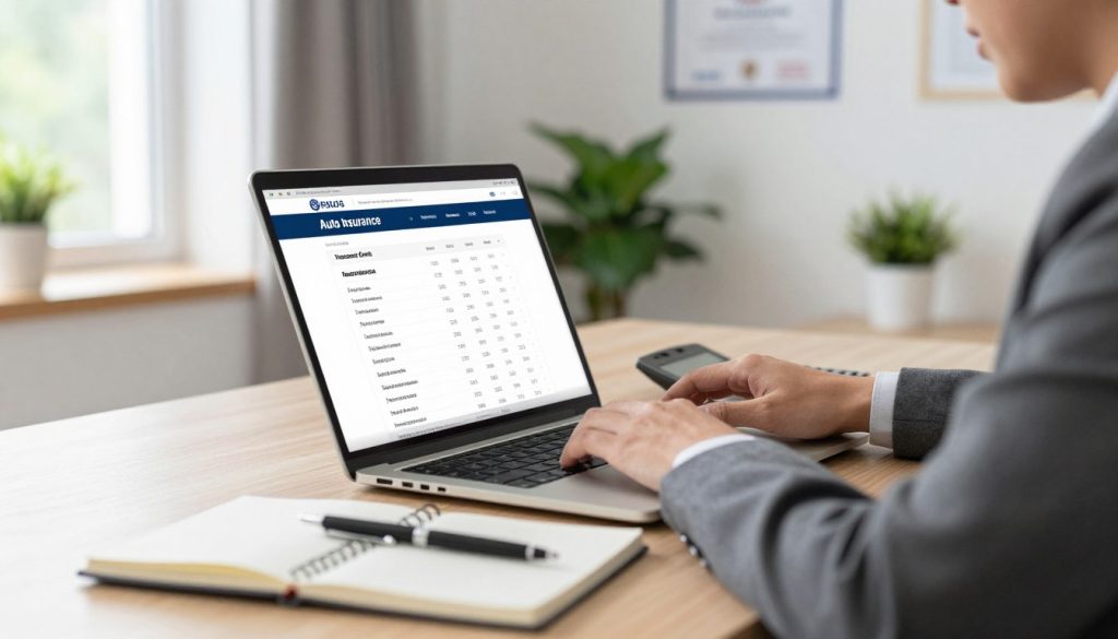 A professional setting depicting a person in business attire, focused on a laptop screen while browsing multiple auto insurance websites. In the foreground, a close-up of a laptop with visible clear graphics of insurance quotes and comparison tables. The middle ground features a well-organized desk with an open notebook, a pen, and a calculator, reflecting an analytical approach. In the background, soft natural light pours in from a window, enhancing the atmosphere of productivity. The room is elegantly decorated with plants and certificates on the walls, emphasizing a professional environment. The overall mood is one of confidence and efficiency, capturing the act of finding auto insurance quotes online.