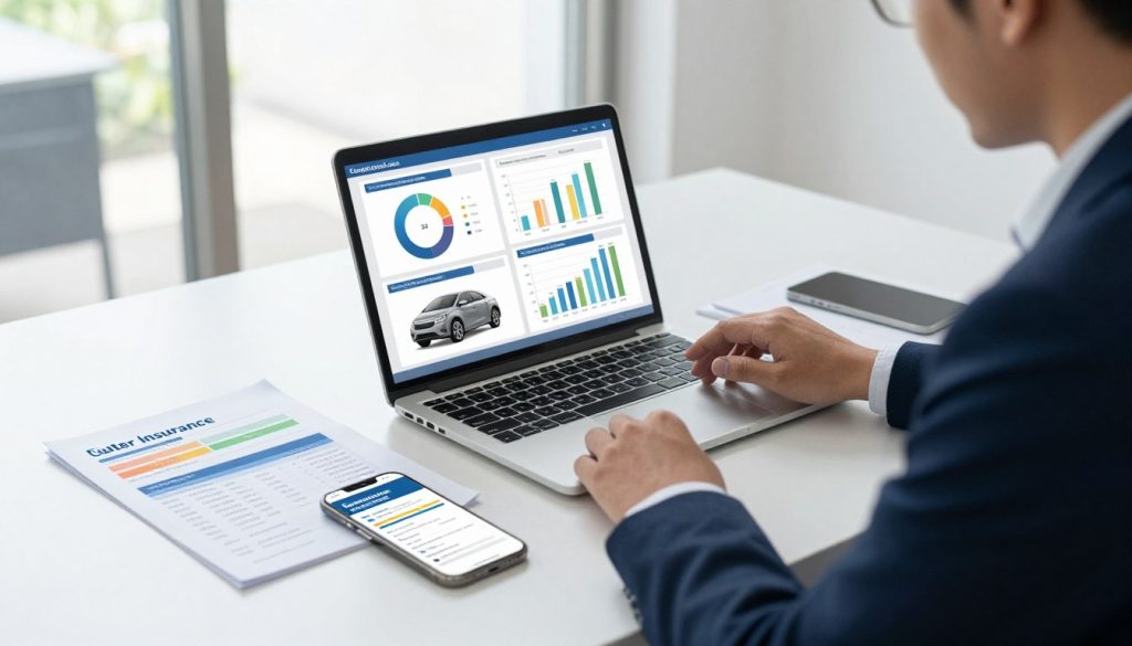 A visually appealing and informative scene illustrating the concept of comparing car insurance rates. In the foreground, a professional individual dressed in smart business attire sits at a sleek desk, analyzing various digital charts and graphs displayed on a laptop. The middle ground features an array of colorful insurance paperwork and comparison tools spread out, with a smartphone showing an insurance application. The background displays a bright, modern office with large windows allowing natural light to flood the room, enhancing the focus on the task at hand. The atmosphere is one of determination and clarity, emphasizing the importance of careful consideration when choosing auto insurance. The image is shot from a slightly elevated angle, providing a comprehensive view of this analytical environment.
